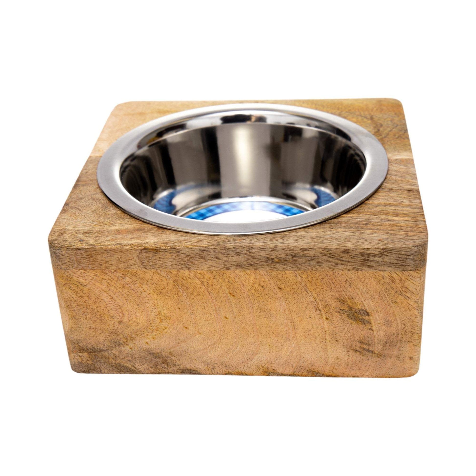 Country Living stainless steel dog bowl with square mango wood holder and 1 quart capacity