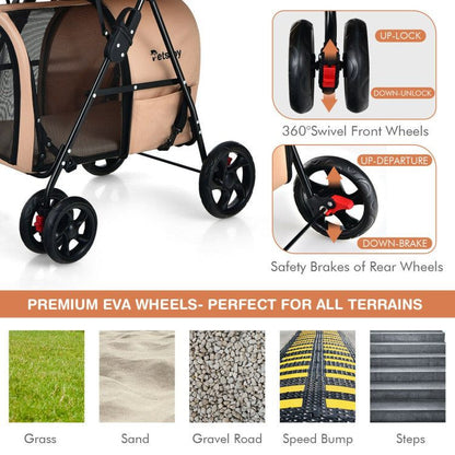 4-in-1 double pet stroller with detachable carriers, foldable frame, EVA wheels, and ventilated mesh design for dogs and cats