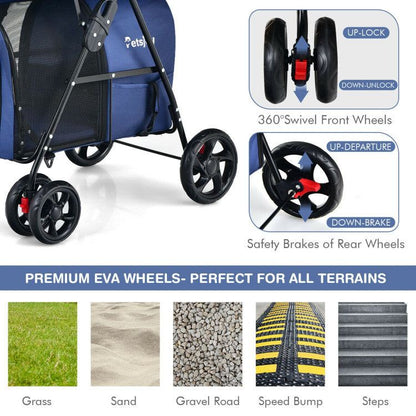 4-in-1 double pet stroller with detachable carriers and travel carriage in beige, featuring foldable frame and EVA wheels