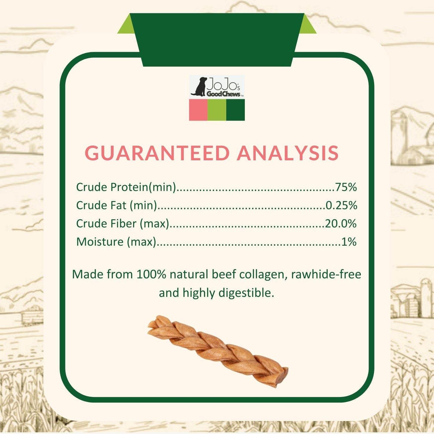 All-Natural Braided Collagen Sticks dog treats made from 100% natural beef collagen, supports joint, skin, and coat health, rawhide-free and highly digestible.