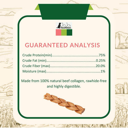 All-Natural Braided Collagen Sticks dog treats made from 100% natural beef collagen, supports joint, skin, and coat health, rawhide-free and highly digestible.