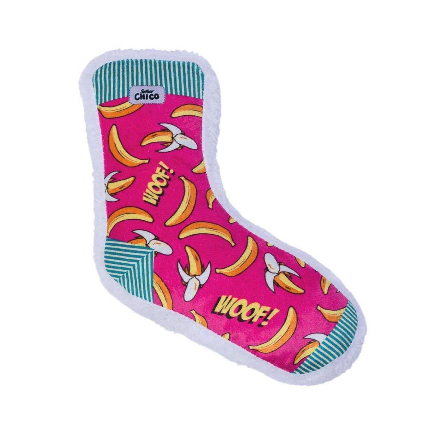 Squeaky Sock Plush Dog Toy banana design with vibrant colors and built-in squeaker for playful dogs
