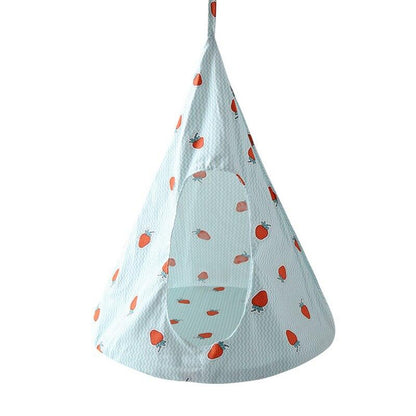 Conical pet hammock with strawberry print for cats and small dogs, breathable linen fabric, foldable and portable.