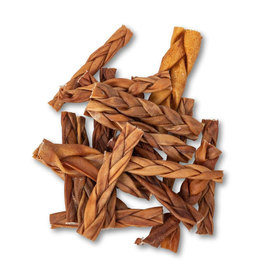 All-natural braided collagen stick dog treats made from 100% beef dermis, supporting joint, skin, and coat health.