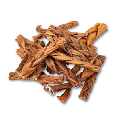 All-Natural Braided Collagen Stick dog treats made from 100% beef dermis for joint, skin, and coat health, 6-inch size, 25 pieces per case