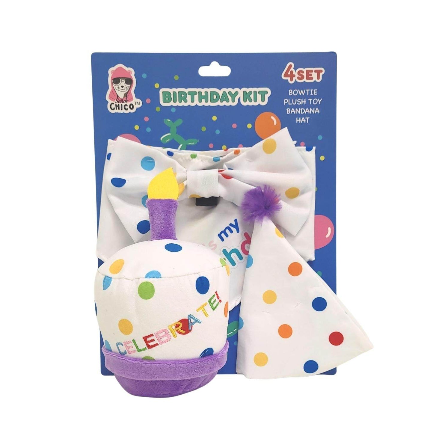 4-piece dog birthday kit with bow tie, plush cake toy, bandana, and party hat in colorful polka dots design