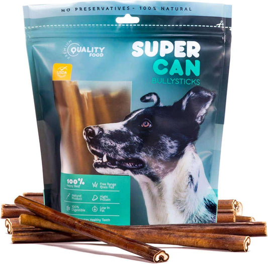 12" Standard Bully Sticks all-natural high-protein dog chew treats in resealable bag