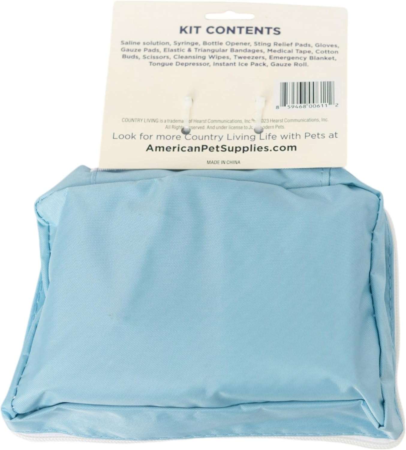 Country Living 50-Piece Pet Travel First Aid Kit in blue pouch with essential pet emergency supplies