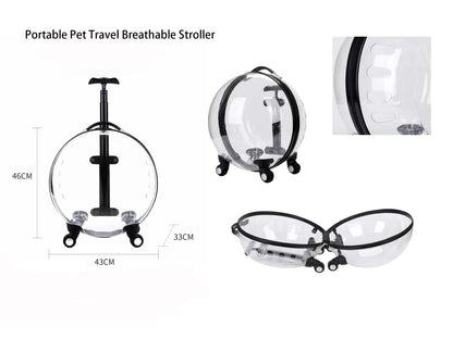 Transparent rolling pet travel trolley with wheels for puppies and cats in pink and green colors