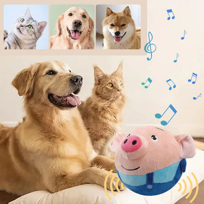 Electronic pet dog toy plush bouncing ball with music vibration and squeaker for interactive chewing and play