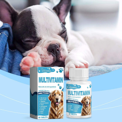 Multivitamin tablets for dogs and pets nutritional health supplement packaging and tablets close-up