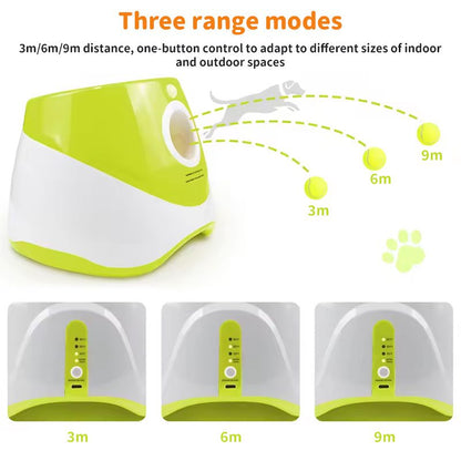 Rechargeable automatic tennis ball launcher with three 5cm balls for pet interactive play and adjustable launch distances.