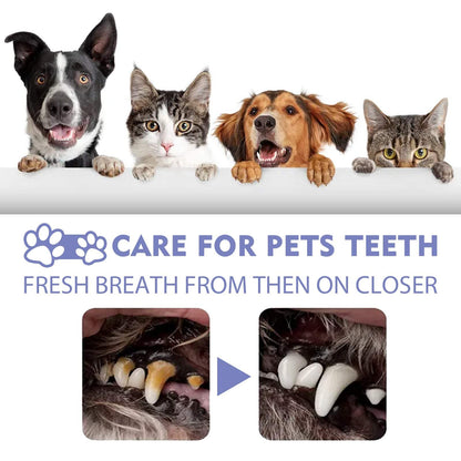 Tooth Cleaning Spray for cats and dogs showing before and after teeth cleaning results with pets above
