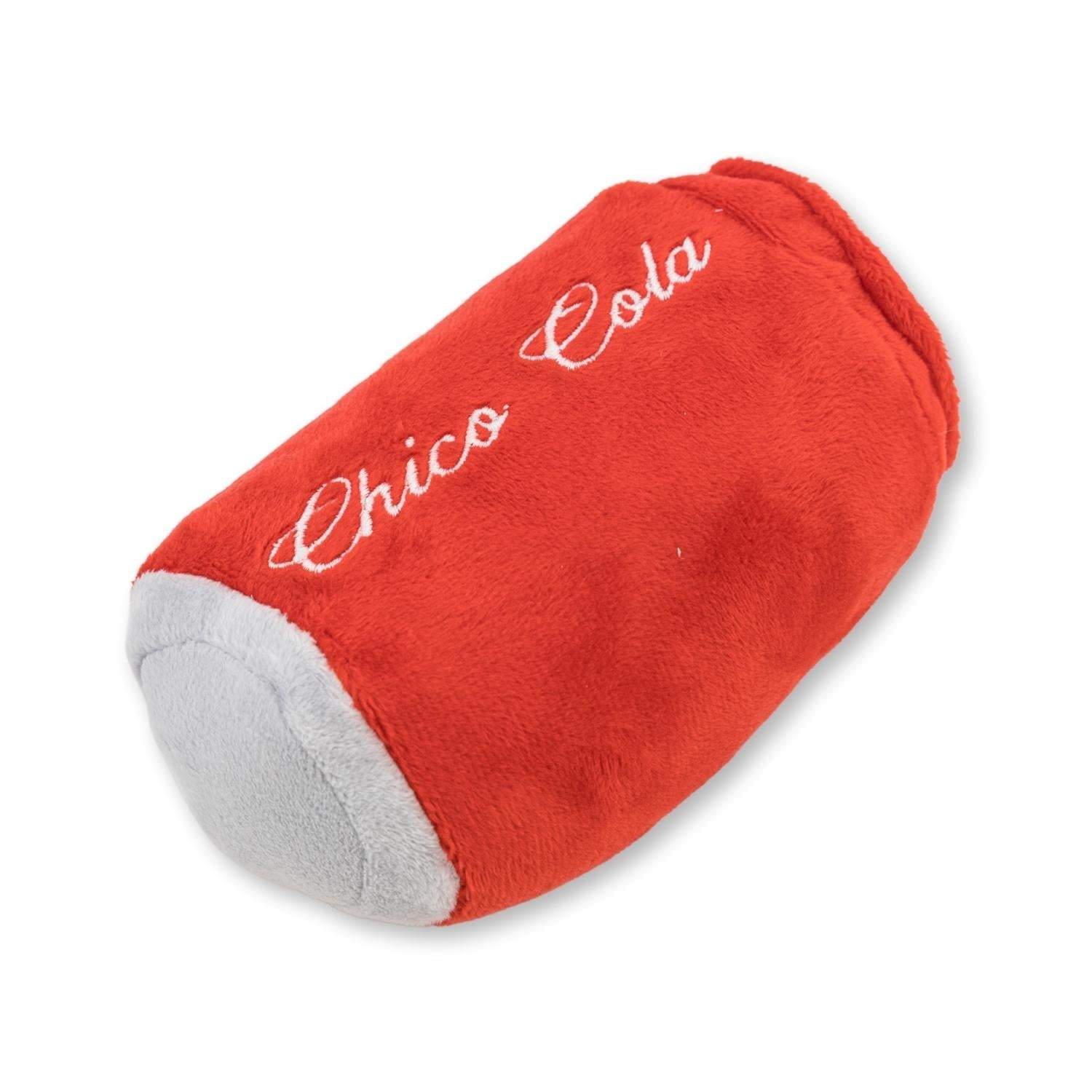 Red plush Cola can dog toy with "Chico Cola" embroidery, part of Cola & Fries Plush Dog Toy set with squeaker and crinkle paper for interactive play.