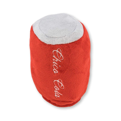 Red and white plush soda can dog toy with "Chico Cola" embroidery, part of Cola & Fries Plush Dog Toy set with squeaker and crinkle paper for interactive play.