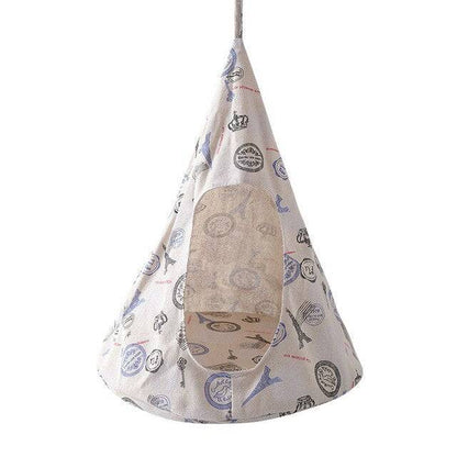 Conical linen pet hammock with printed design, breathable and soft, suitable for cats and small dogs, portable and foldable hanging pet bed.