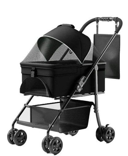Black 2-in-1 folding dog cart with four wheels, mesh windows, waterproof pad, and sun visor for small to medium pets