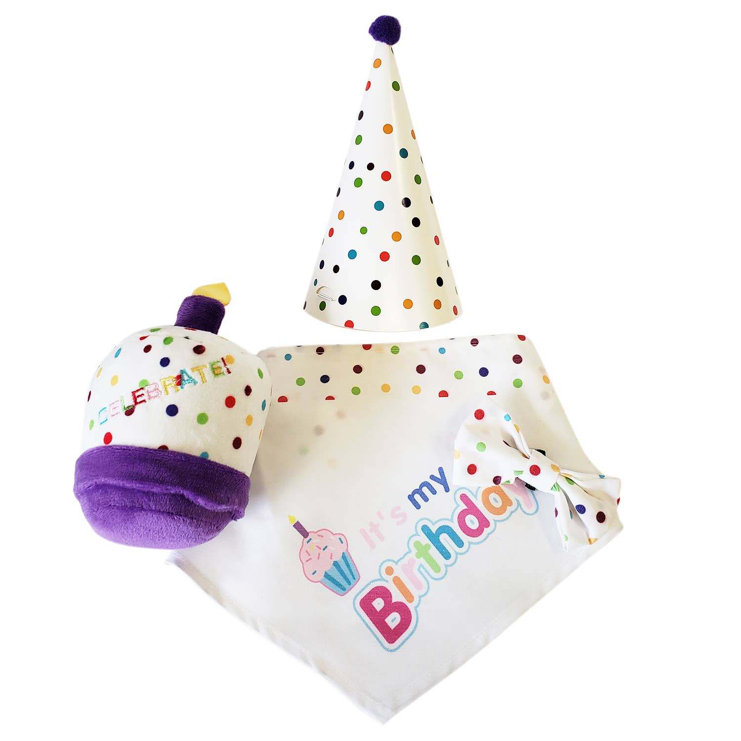 4-piece dog birthday kit with polka dot hat, "It's my Birthday" bandana, bow tie, and plush squeaky cake toy
