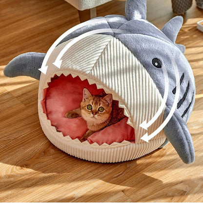 Big Mouth Shark Pet Nest in grey with a cat inside on wooden floor
