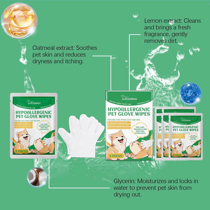 Pet disposable cleaning gloves with glycerin and lemon extract for gentle pet hair and skin care