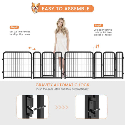 8-panel black iron dog fence with gravity automatic lock for small pets, portable and easy to assemble