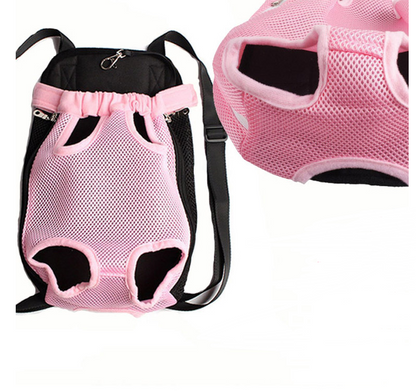 Adjustable pink breathable mesh pet carrier backpack for small dogs and cats under 15lb with legs-out design and black adjustable straps