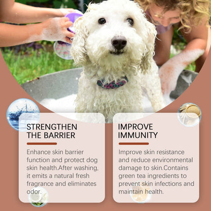 Dog shampoo for gentle cleansing, enhances skin barrier, improves immunity, leaves coat moist, smooth, tangle-free with natural fragrance