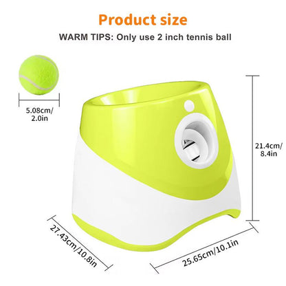 Rechargeable automatic tennis ball launcher with three 5cm balls for pet interactive play and adjustable launch distances.