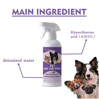 Pet Skin Relief Spray bottle with main ingredients hypochlorous acid and deionized water for dog and cat skin care