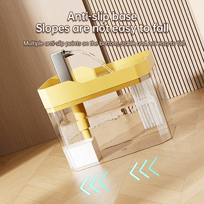 Automatic pet water dispenser with anti-slip base and filtered water flow for cats and dogs in yellow and transparent design