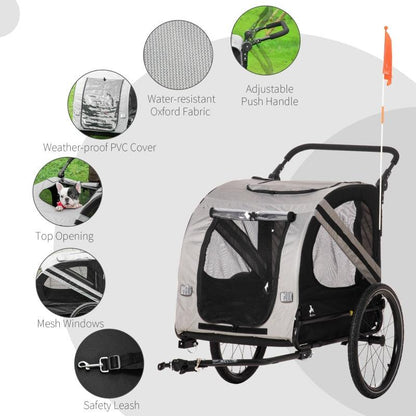 2-In-1 Pet Bike Trailer with weather-resistant fabric, mesh windows, top opening, adjustable push handle, safety leash, and red safety flag for pets.