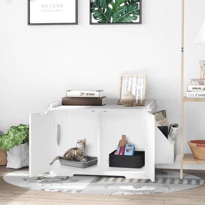 White wooden cat litter box nightstand with magnetic doors, storage rack, and cat inside tray in modern room setting