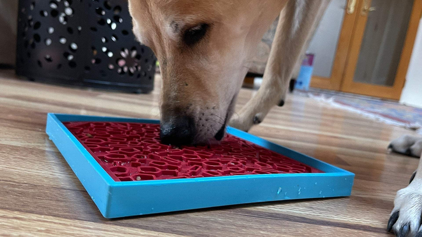 Dog licking a red and blue Vino Dog eMat enrichment lick mat on wooden floor