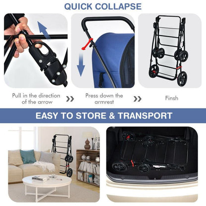 4-in-1 double pet stroller with detachable carriers and travel carriage in beige and blue options