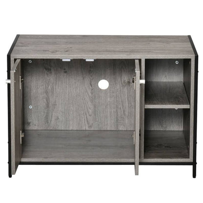 Hidden cat litter box enclosure with double magnetic doors, adjustable shelves, and steel frame in wood finish.