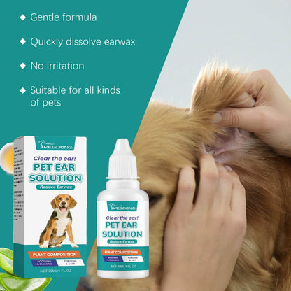 Pet ear wash bottle with dropper for cleaning and soothing cats and dogs ears