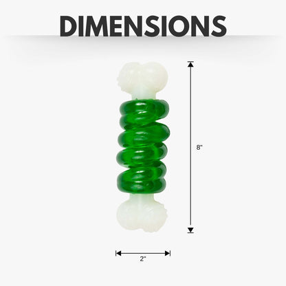 Country Living Bone-a-Treat Dog Chew Toy with orange bulged balls and green spiral ring for dental health and fun