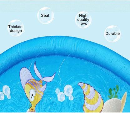 Blue inflatable pet sprinkler pad made of durable PVC with thickened sealed edges and colorful fish and seashell designs.