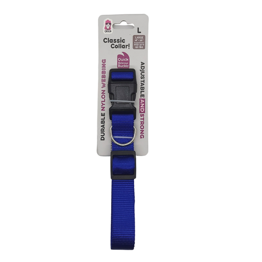 Blue quick-release nylon dog collar with adjustable strap and metal D-ring in packaging