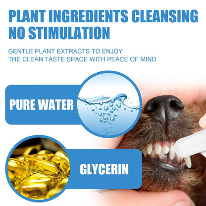 Pet dental finger wipes with plant ingredients gently cleaning dog's teeth and gums for fresh breath and tartar removal