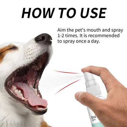 Pet Mint Fresh Breath Spray being sprayed into dog's open mouth for fresh breath care