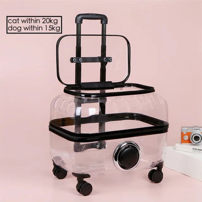 Transparent rolling pet travel trolley with wheels for puppies and cats in pink and green colors