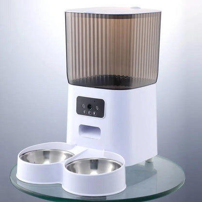 5L double bowls smart automatic cat feeder with HD camera and voice recorder on glass table