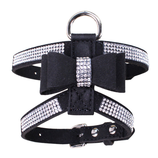 Sparkling rhinestone bow pet chest strap, rhinestone dog chest strap, suede microfiber dog chain pet supplies