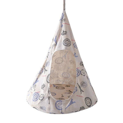 Conical linen pet hammock with printed design, breathable and portable hanging nest for cats and small pets.