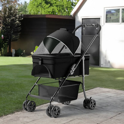 black folding dog cart with four wheels, sun visor, and storage basket outdoors on patio