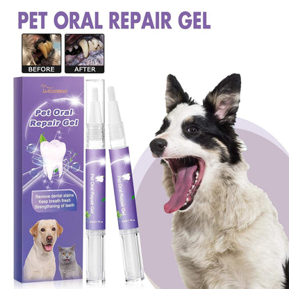 Pet Oral Repair Gel for dogs and cats removing dental stains and freshening breath with before and after results shown