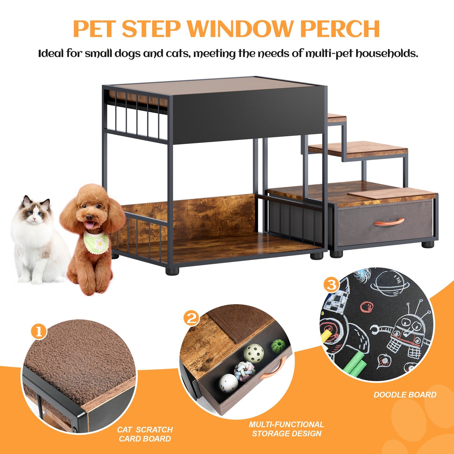 Step Window Perch,Bunk Beds Window Perch for Dogs Bedside Lounge Elevated Dog Bed Multi-Level Platform with sponge Vintage