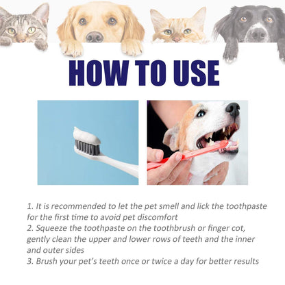 Pet mouth cleaning cream for cats and dogs with toothbrush cleaning instructions and images of pets.