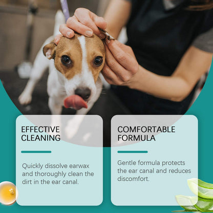 Pet ear wash bottle with dropper for cleaning and soothing cats and dogs ears
